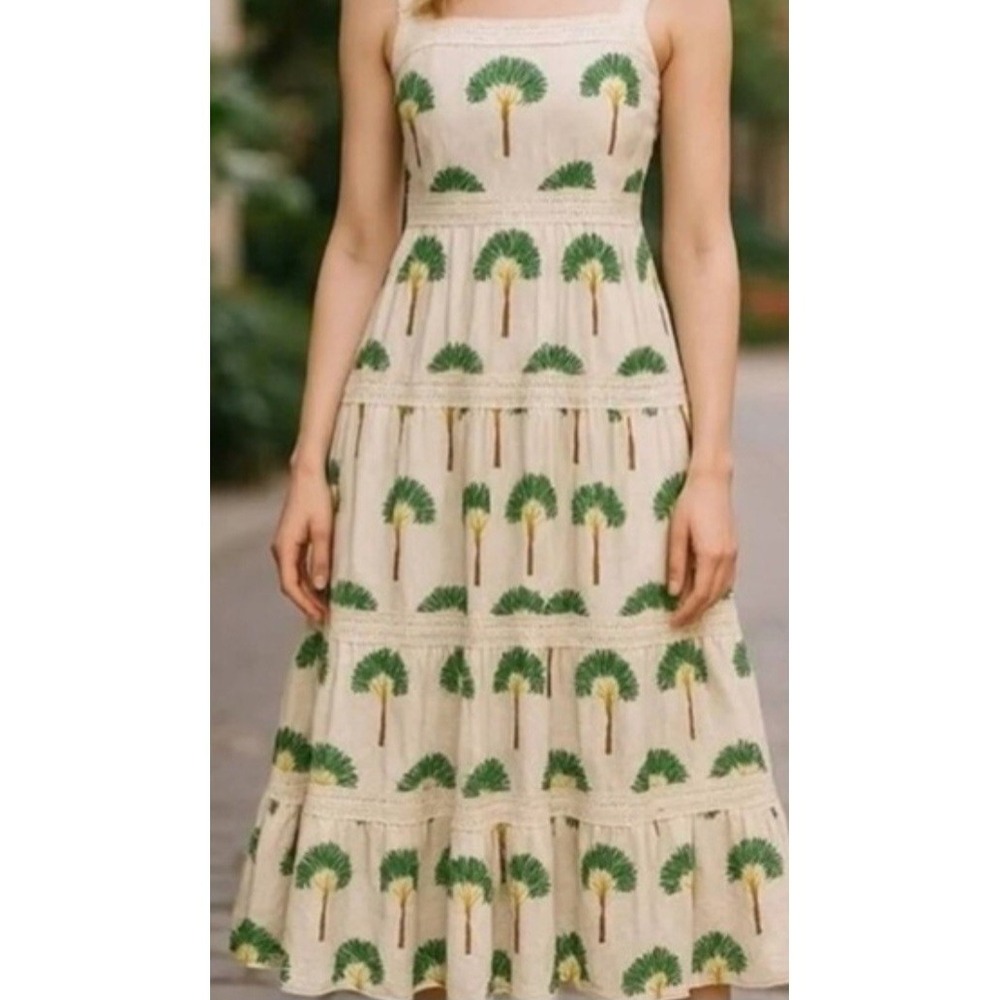 Calypso St. Barth Dress L Maxi Tiered Palm Trees Crochet Lace Straps Cream/Green - Picture 3 of 15